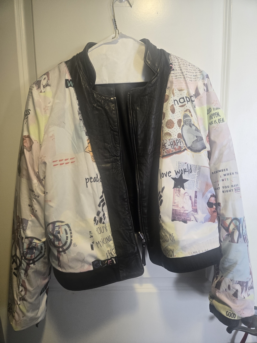 Nordstrom Printed Pastel Bomber Jacket with Black Leather Trim